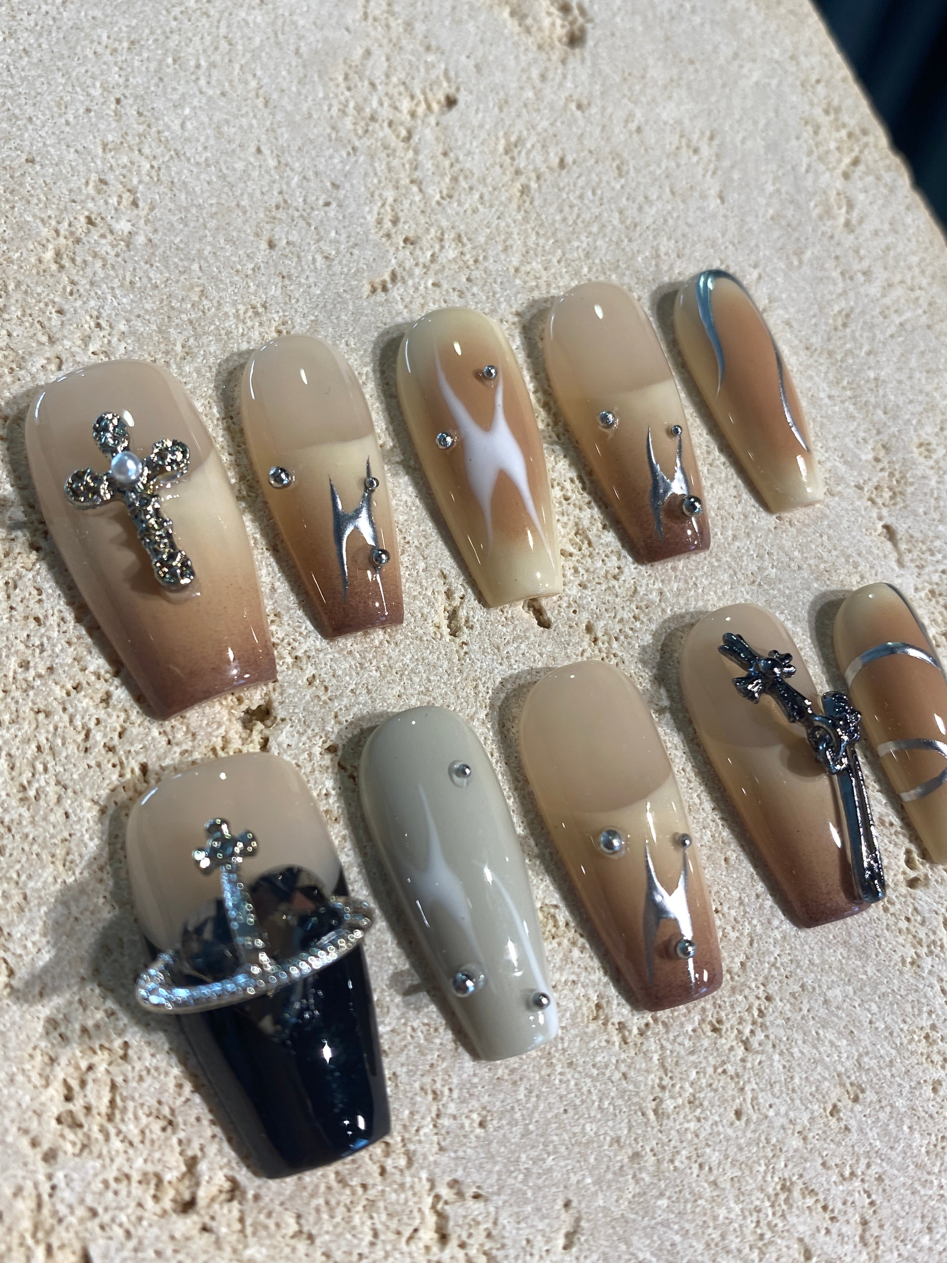 Y2k Beige Cross Press On Nails