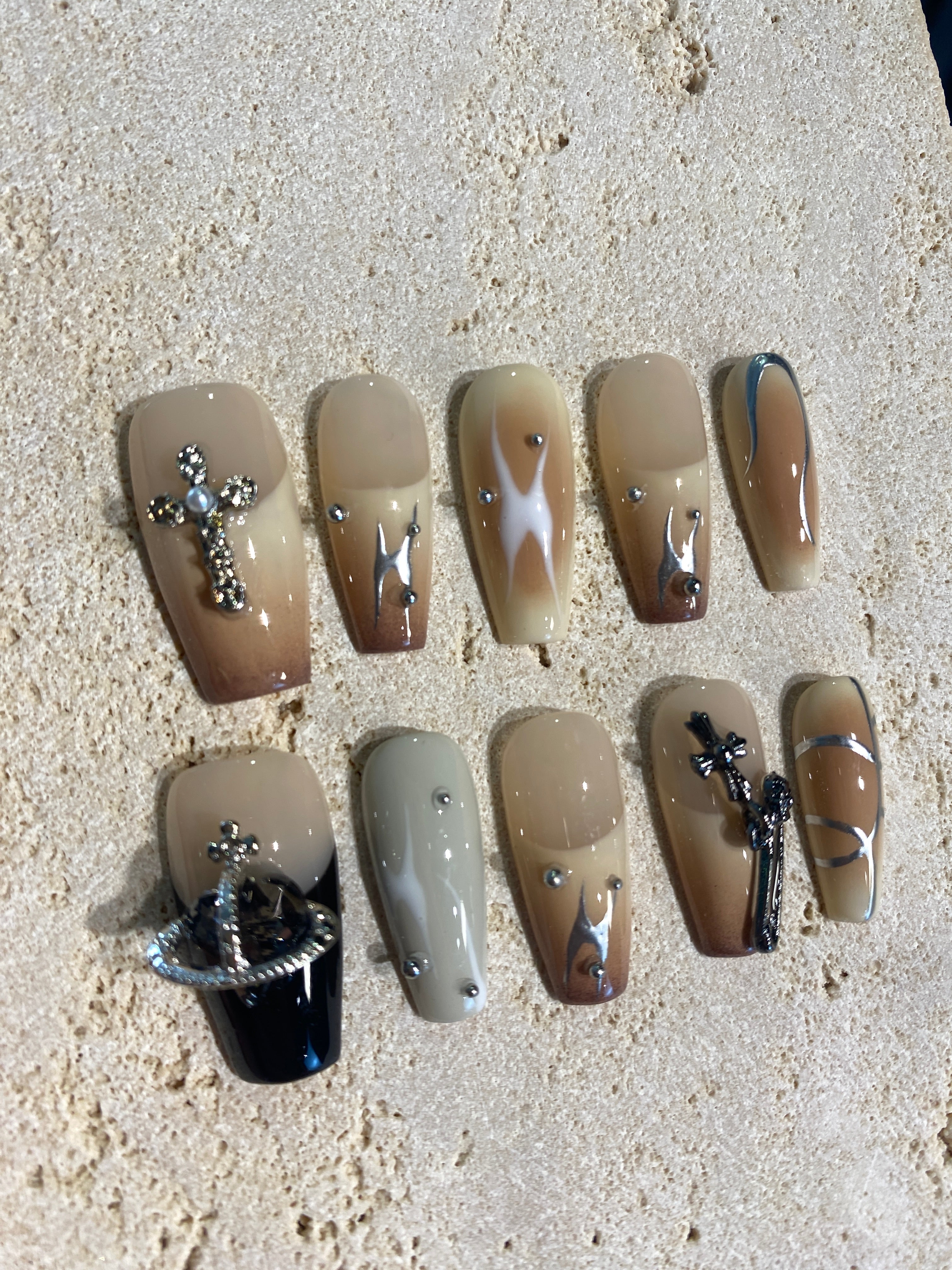 Y2k Beige Cross Press On Nails